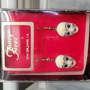 Fancy Faces Vintage Hand Painted Porcelain Mardi Gras Mask Dangle Earrings